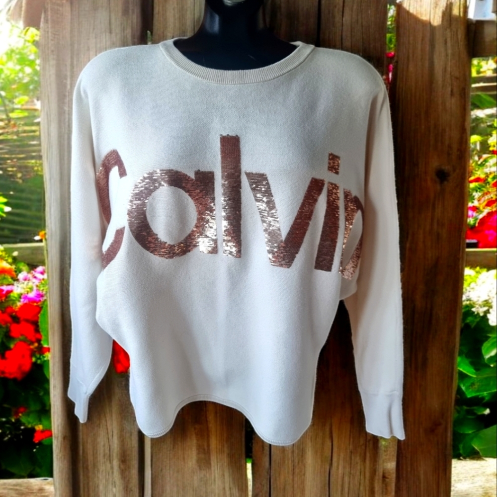 Calvin Klein Dolman Sleeves 100% Cotton Cream and Rose Gold Sequins Logo Sweater